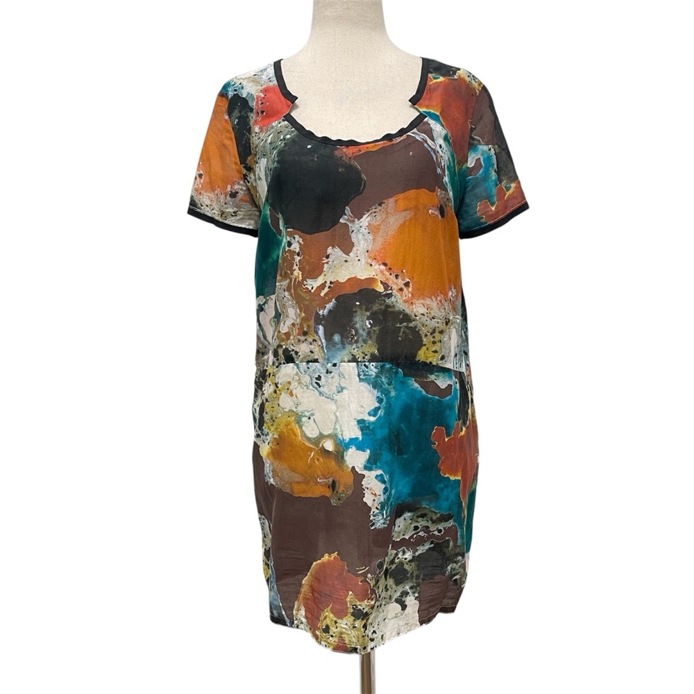 Heimstone Abstract Cotton Silk Short Sleeve Brown Multi Mini Dress Size X-Small